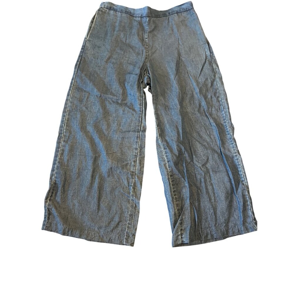 J. McLaughlin Wide-Leg Chambray Pants‎ Size 6 Linen Blend Blue Relaxed Style